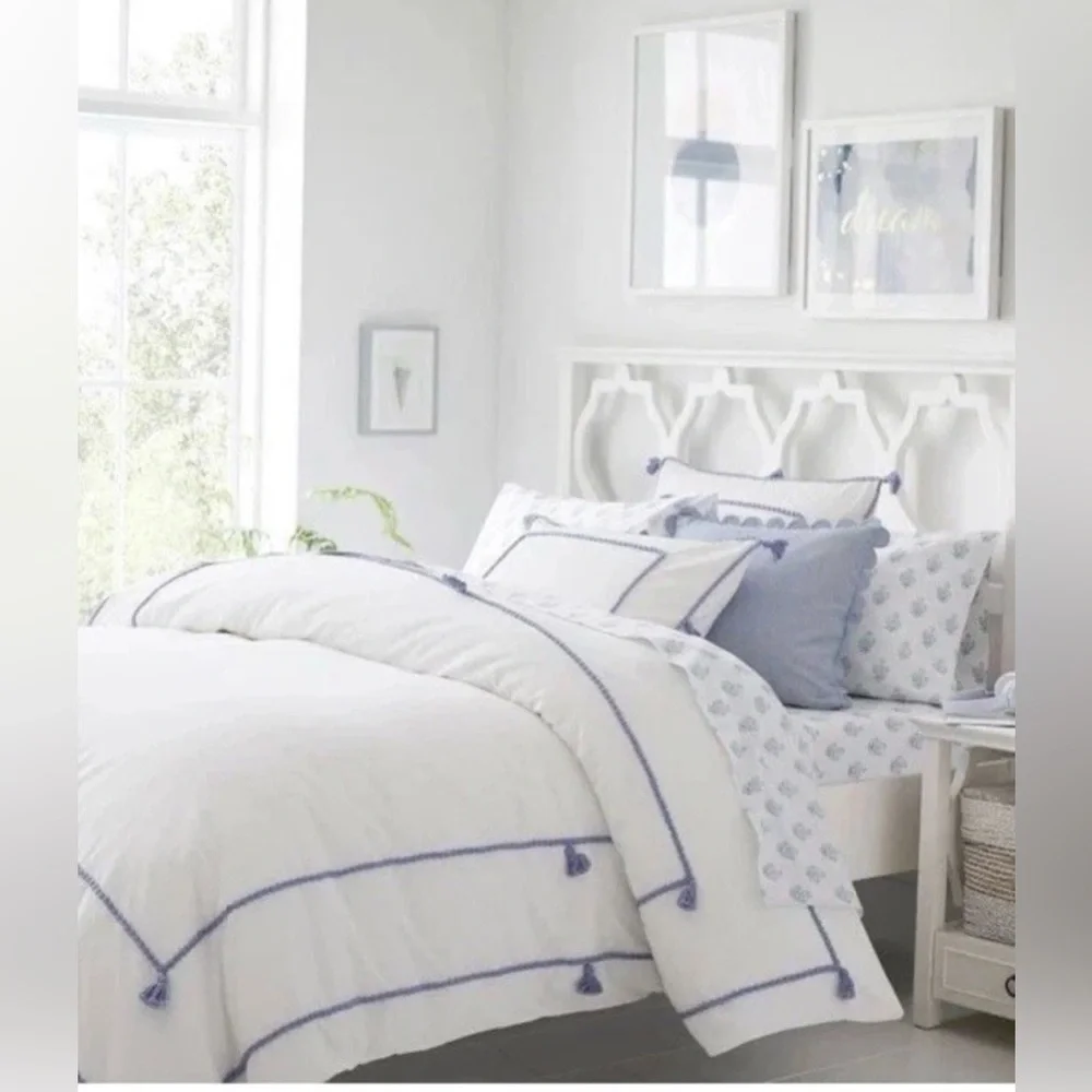 Pottery Barn Teen Kids Chambray Border Tassel Duvet Cover Twin White NWT $129